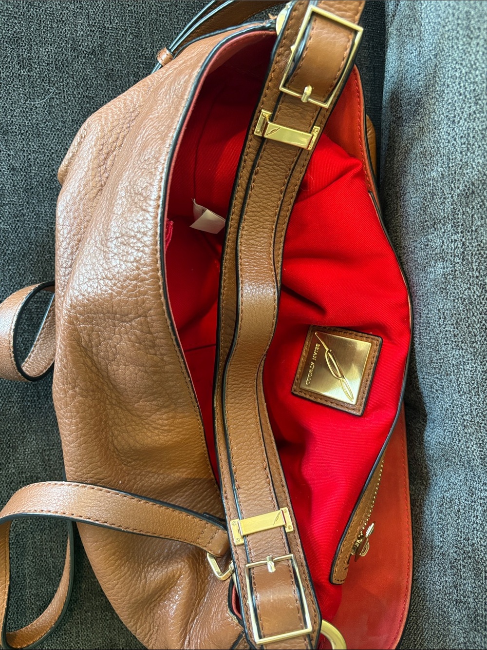Brian Atwood Red-Lined Tan Leather Shoulder Bag